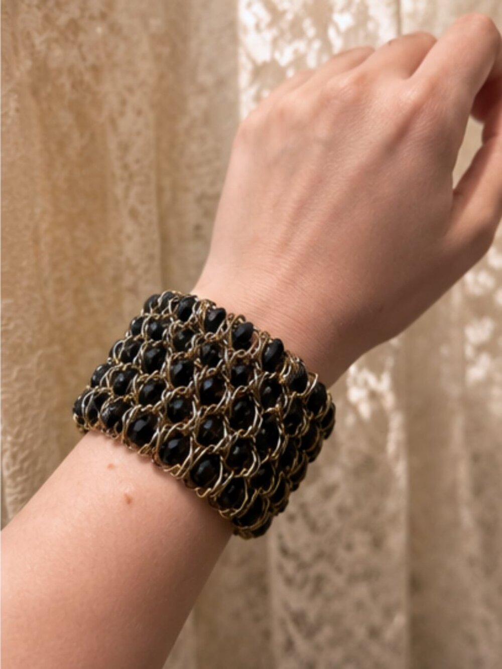 Woven Chain Statement Cuff with Black Faceted Beads